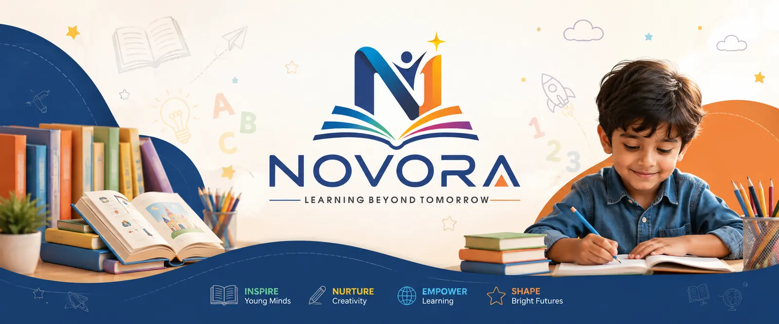 Novora banner: children reading with the Novora logo — inspire, nurture, empower, shape