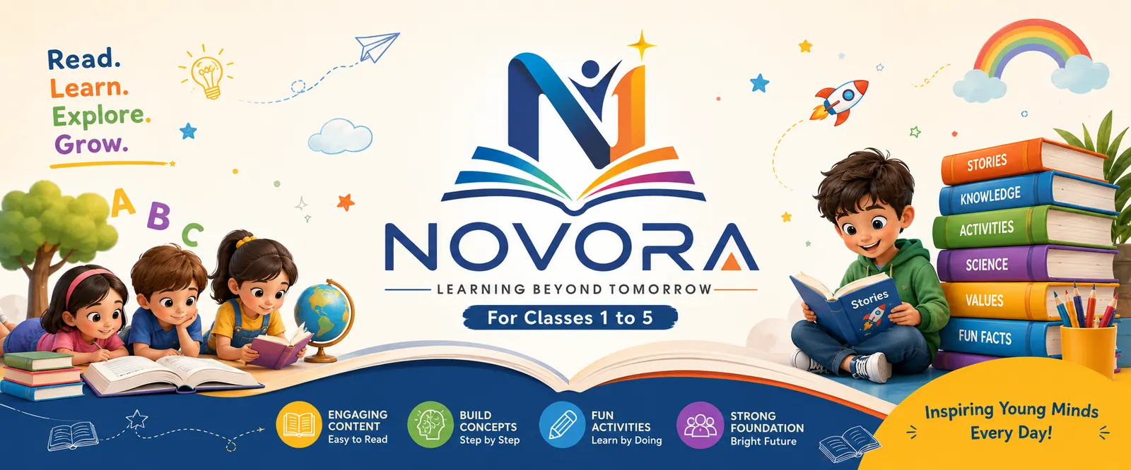 Novora banner: Read, learn, explore, grow — for Classes 1 to 5