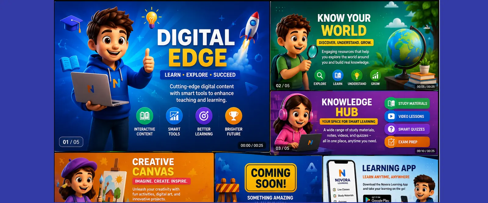 Novora banner: Digital Edge, Know Your World, Knowledge Hub and Creative Canvas learning collections