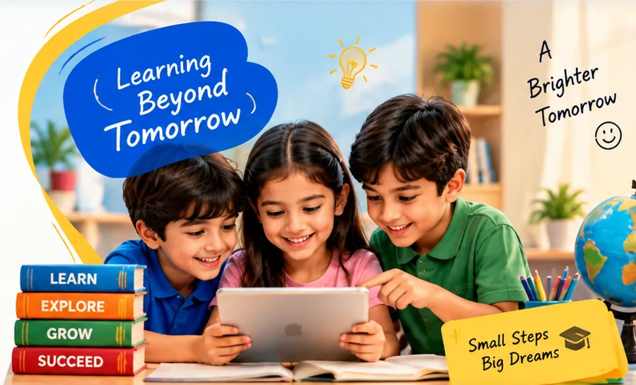 Three children reading together on a tablet, surrounded by books